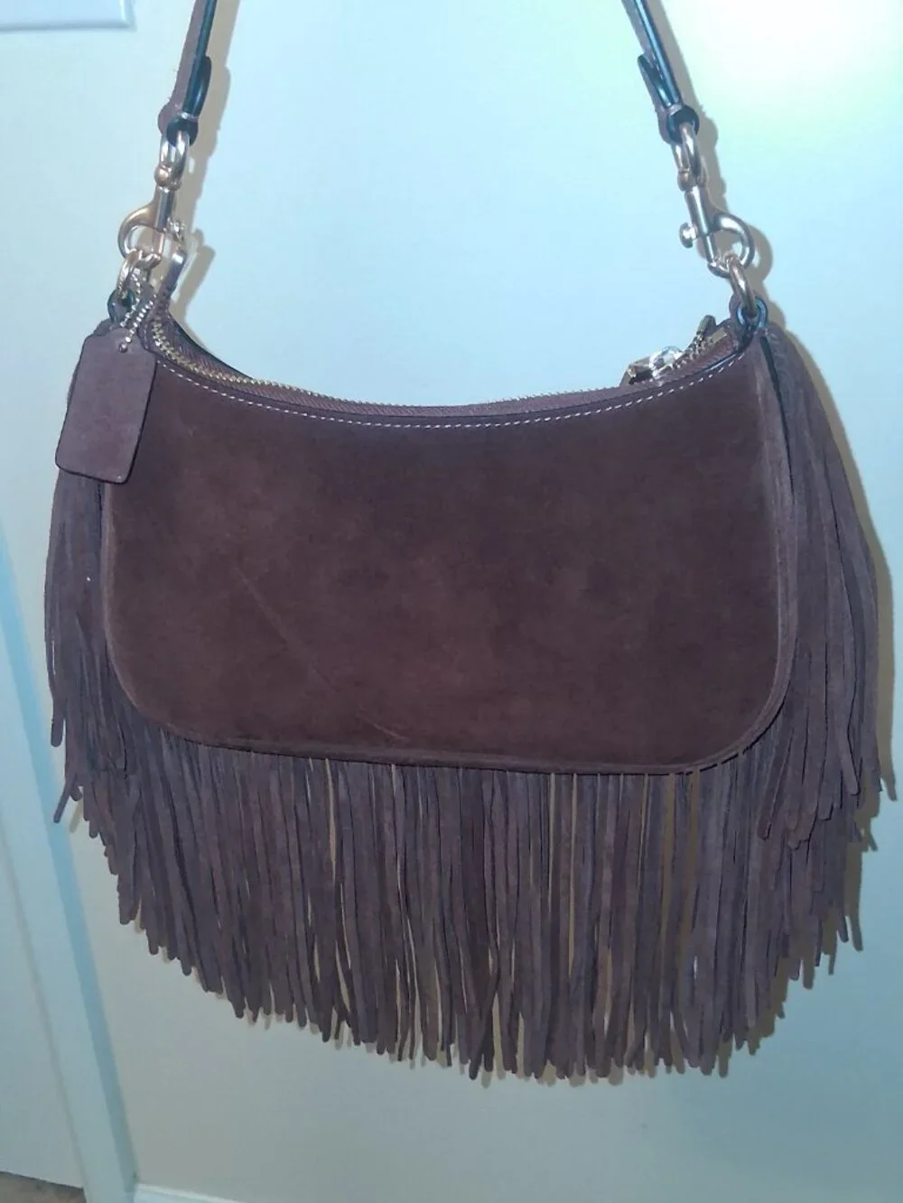 Coach Teri Shoulder Bag With Fringe In Suede Vintage Brown - Style CCC66